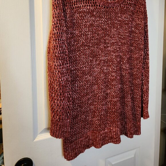 Lucky Brand Open Crochet Knit Maroon Sweater Women's Size Medium Tunic Split Bac - Picture 5 of 9